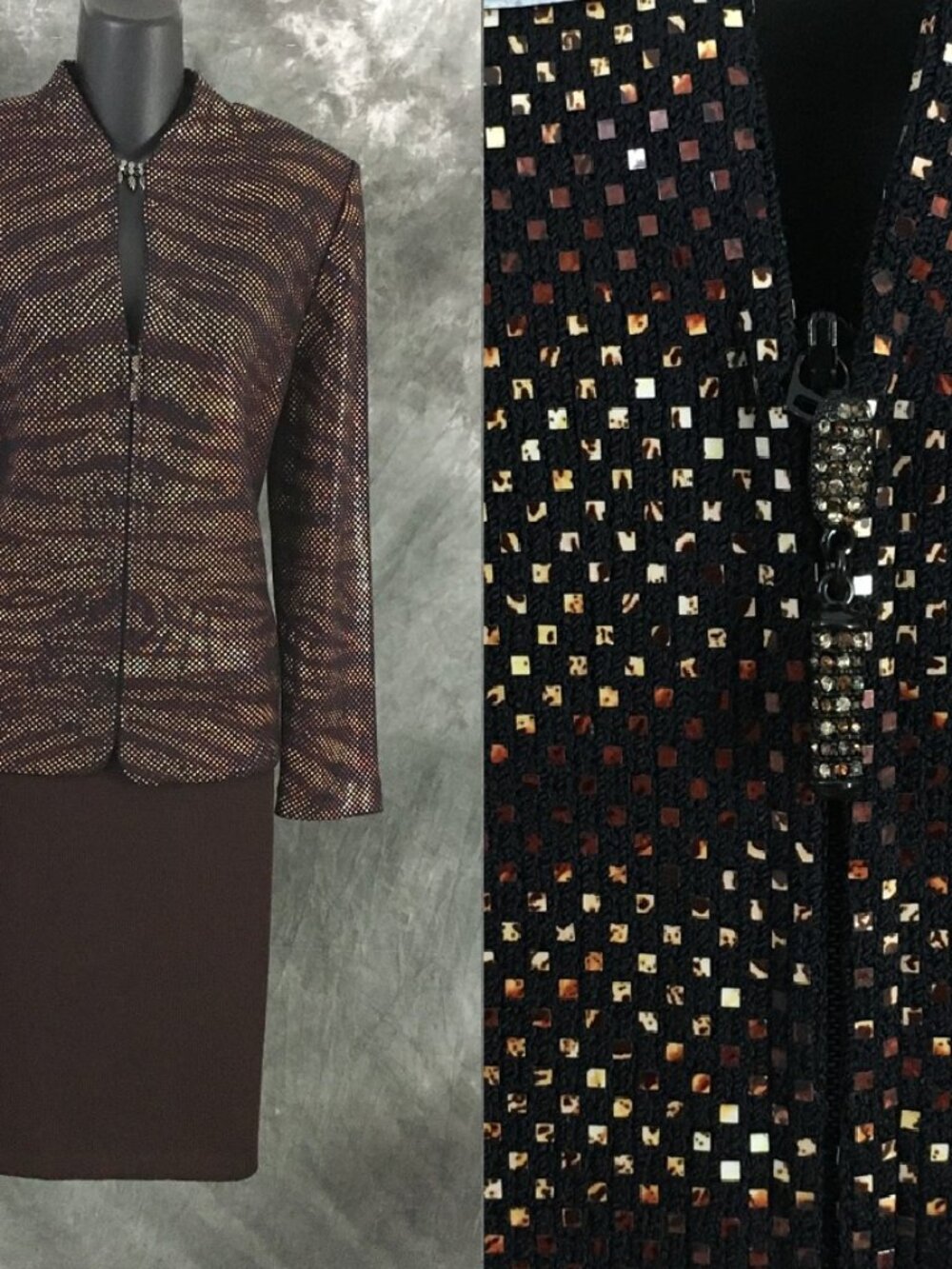BEAUTIFUL St John evening knit brown multi embellished skirt suit size 12